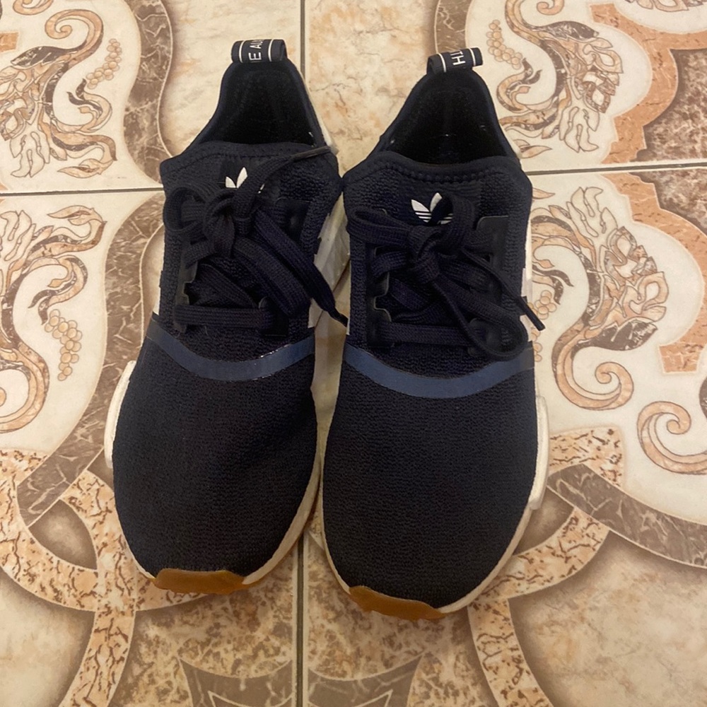 Navy and white adidas boost